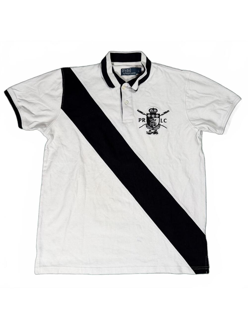 Vintage Polo Ralph Lauren White Black Diagonal Stripe Polo Shirt Large